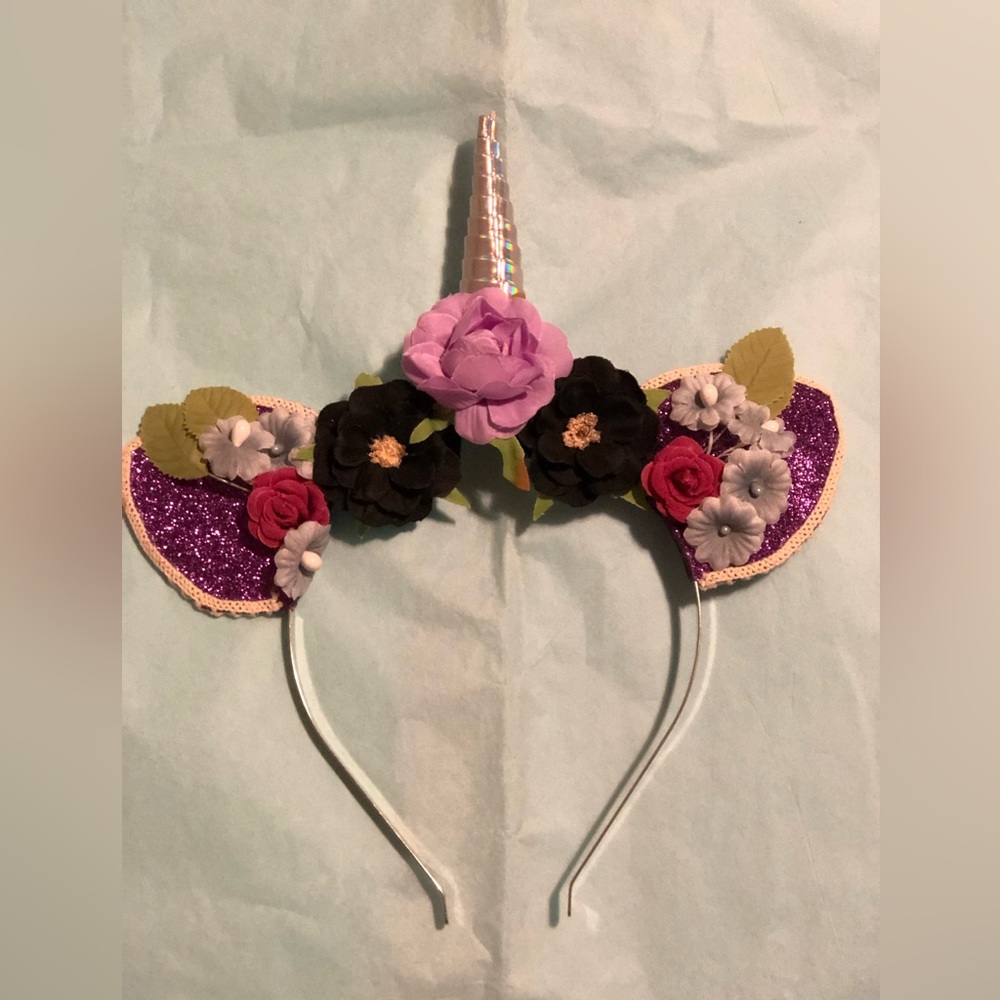Unicorn Headband w Glitter Ears & Whimsical Flowers for Costume / Dress Up. New!